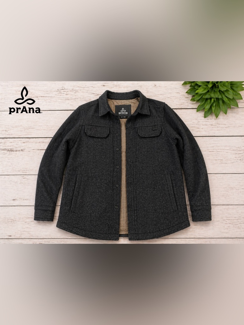 prAna Men’s Herringbone Wool Shirt Jacket Gray Button Front Lined Size Large